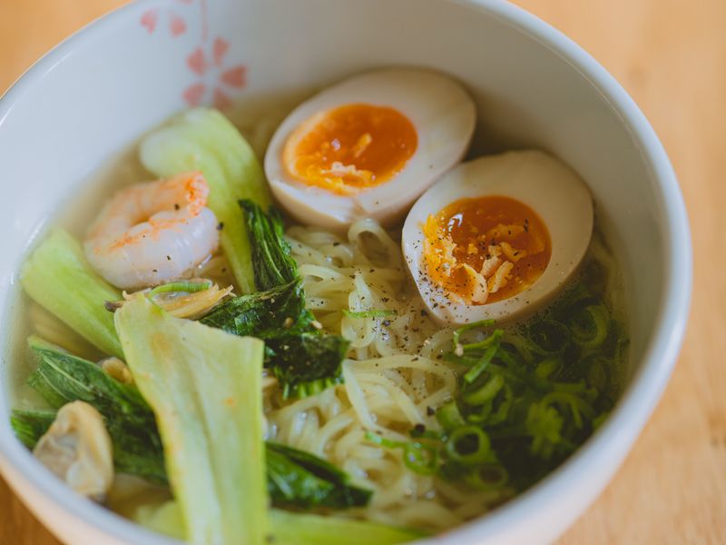 Miso ginger noodle soup with bok choy and mushrooms